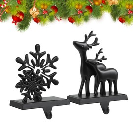 Christmas Stocking Holders for Mantle Set of 2, Anti-Slip Retro Black Bronze Christmas Reindeer and Snowflake Stocking Hangers, Metal Stocking Holder for Christmas Fireplace Mantel Decorations