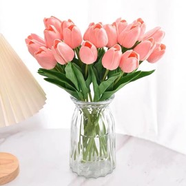 Gowwfud 20pcs Artificial Tulips PU Touch Single Stem Fake Flower Bouquet Arrangement for Home Party Wedding Decoration (Pink)