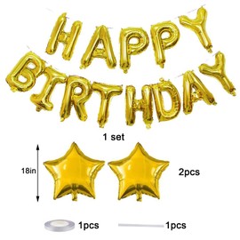 Gold Happy Birthday Balloons Banner, 16 Inch Mylar Foil Letters with 2Pcs 18inch Star Foil Balloons for Men Adults Birthday Party Decorations
