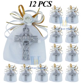 WE First Communion Keychain Party Favor Boy (12PCS) Key Ring with Decorated Organza Bags with Gold White Ribbons/ Recuerdos de Primera Comunion Niño/ Gift for Guests (Gold)