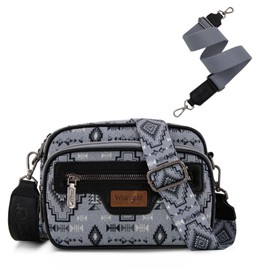Wrangler Aztec Crossbody Bag for Women Vegan Leather Vintage Cross Body Purse Multi Pocket Crossover Bag, Shoulder Purses with Card Slot Back Zipper and Two Adjustable Strap WG261-183BK