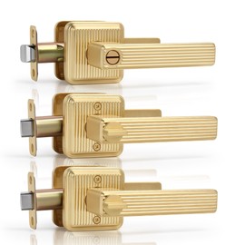 Gaurqiah 3 Pack Wholesale Brushed Gold Privacy Door Lever Stripe Style Door Handles Keyless Interior Door Handles for Bedroom or Bathroom, Satin Brass