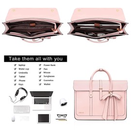 MOSISO Laptop Bag for Women, 13-14 inch PU Leather Laptop Shoulder Bag Convertible Backpack, 13.3 inch Messenger Bag Casual Handbag Work Briefcase Travel Computer Bag with Bowknot, Pink