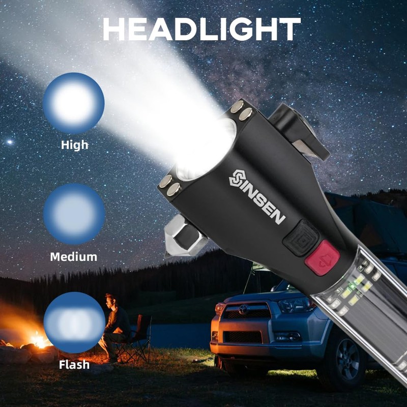 SINSEN Car Safety Hammer Flashlight, Tactical Emergency Rescue Tool, LED