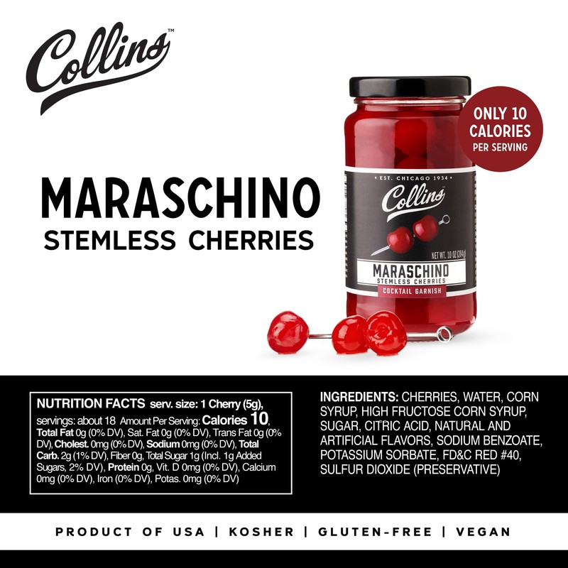 Collins Stemless Maraschino Cherries, Garnish for Cocktails, Desserts, Manhattans, and