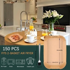 QuilNiche Air Fryer Liners for Ninja Dual, 150pcs Disposable Food Grade Parchment Paper Liner, Air Fryer Accessories with Stainless Steel Oil Brush for AF300UK/AF400UK/Other Dual Zone Air Fryer