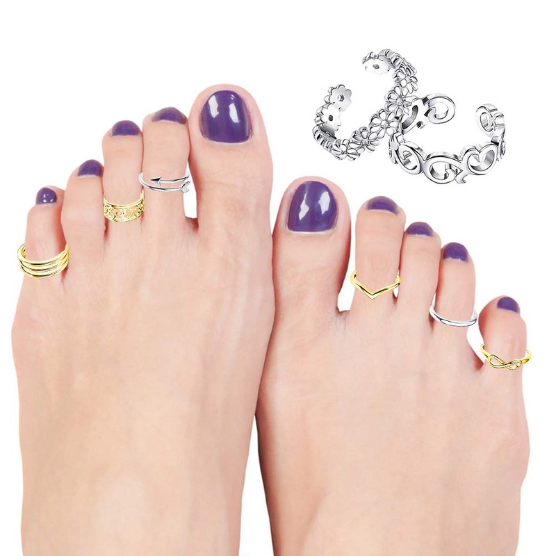 EQLEF Toe Ring Set Gold and Silver Adjustable Open Ring
