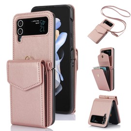 Phone Case for Samsung Galaxy Z Flip 4 5G 2022 Wallet Cover with Crossbody Shoulder Strap Card Holder Credit Slot Stand Cell Accessories leather Purse ZFlip4 Z4 Flip4 4Z Women Men Girls Rose Gold