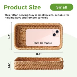 Rattan Serving Tray, Small Rectangle Woven Tray, Natural Wicker Decorative Serving Baskets for Keychain, Woven Coffee Tray Decorative Trays for Remote Control (Just Include One Small Tray)