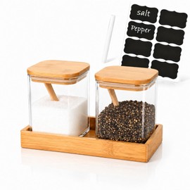 Mowhut 2 Piece Salt and Pepper Containers Set, Salt Cellar with Lid Spoon & Tray, Glass Seasoning Containers for Countertop, Sugar Holder with Label Stickers & Markers, Clear