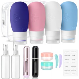 Juego de 14 Botellas de Viaje Silicona, Aprobado por la TSA, Accesorios de Viaje Sin BPA, A Prueba de Fugas, Recargables para Champú, Loción (Azul, Rosa, Blanco, Celeste)