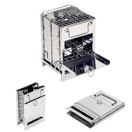 Foldable Camping Wood Burning Stove with Grill, Camp Stove Collapsible Backpacking Survival Stove Stainless Steel Campfire Stove for Outdoor Cooking Picnic Hiking BBQ (Sliver-Large)