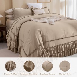Masaca Ruffled Oversized King Comforter 128x120,3 Pieces Vintage Farmhouse Shabby Bedding Set Lightweight Ultra Soft French Country Light Taupe Bedding (1 Ruffle Comforter +2 Pillowcases)