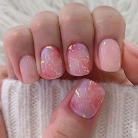 BDRUIXING Square Press on Nails Short French Pink Marble Design Reusable Acrylic Full Cover Ombre Stick on for Women Manicure 24 Pcs