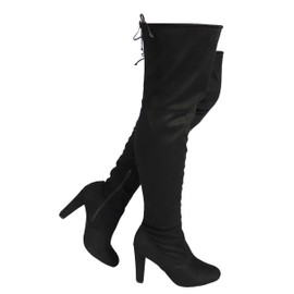 Wild Diva AMAYA-01 Women's Thigh High Stretch Boot - Trendy High Heel Shoe - Sexy Over The Knee Pullon Boot - Comfortable Easy Heel - Black (8.5)