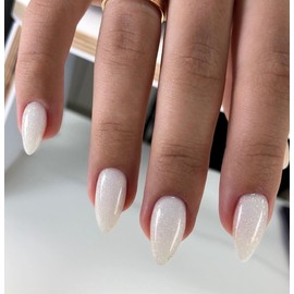 Glitter White False Nails Almond, SXVME Cat Eye Press on Nails Short Almond, Sparkly Shiny Fake Nails With Design, Cute Bling Glue on Nails Acrylic Stick on Nails for Women Party Holiday Wear, 30 Pcs