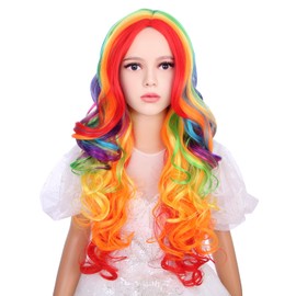 WAVELNM Kids Rainbow Wig Colorful Wavy Curly Wig for Child Girls Multi-color Middle Part Wig Kids Cosplay Wig Child Synthetic Wigs with Wig Cap