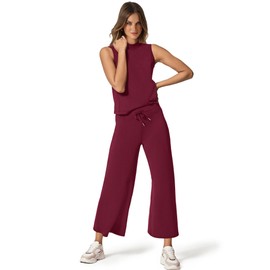 SAMPEEL SAMPEEL Two Piece Set for Women Summer Outfits Vacation Trendy Lounge Sets Mock Neck Matching Sets Women Clothing Wide Leg Crop Pants Set Travel Airport Sweat Set
