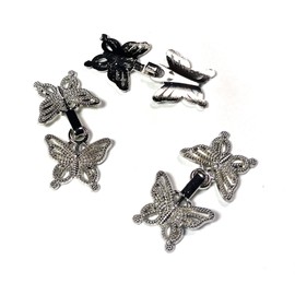 Metal Chinese Frogs Button Sew On Closures Clasp Clip Hook & Eye Sewing Renaissance Costumes Cloak Cape Jacket - Butterfly Filigree Design- Silver- 3 Pairs/pk