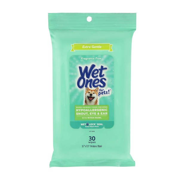 Wet Ones for Pets Extra Gentle Hypoallergenic Dog Wipes with Witch Hazel for Snout, Eye, Ear | Fragrance-Free for All Dogs with Wet Lock Seal | 30 Ct Pouch