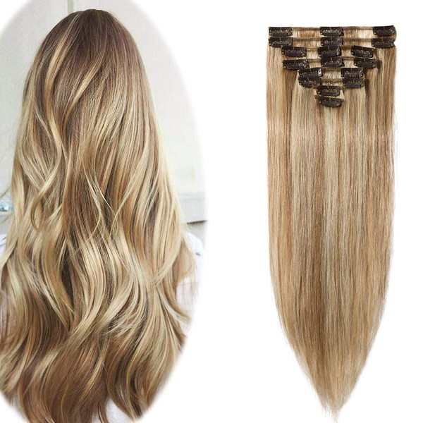 Hairro Clip in Hair Extensions 100% Human Hair Thin Golden Brown Mix Bleach Blonde 24 Inch Long Straight Human Hair Clip on Hairpieces 80g Machine Weft 8pcs 18 Clips for Women #12P613