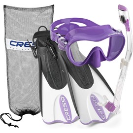 Cressi Italian Design Premium Tempered Glass Lens Frameless Scuba Snorkeling Dive Mask - Dry Snorkel - and Palau Short Snorkeling Fin and Snorkel Set Gear Bag, PR-XS