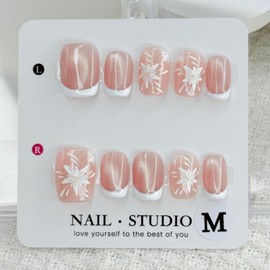 Handmade Press on Nails White French Press on Nails Short Square Fake Nails with Flower Designs Pink Sparkling False Nails Stick on Nails for Women DIY Accessories (Size S)
