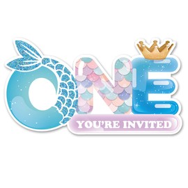 Opomzk Mermaid 1st Party Invitations with Envelopes, 20 Set Mermaid One Shaped Invitations One Year Old Birthday Baby Shower Party Invites Supplies Favors for Baby Girl, Double-Sided