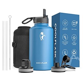Insulated Water Bottle 64 oz with Reusable Straw & Spout Lid, Coolflask Half Gallon Water Jug, Sweat-Proof BPA-Free Keep Cold for 48 Hrs or Hot for 24 Hrs, King's Blue