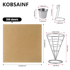 KOBSAINF 4Pcs French Fry Holder French Cone French Fries Basket with Sauce Cup Metal Wire French Fry Holder with 200 Delicatessen Greaseproof Paper for Holiday Parties, Celebrations