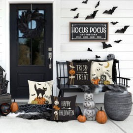 Bonhause Happy Halloween Cushion Covers 45 x 45 cm Pumpkin Ghost Black Cat Trick or Treat Decorative Pillow Covers Black Pillowcases for Sofa Bed Home Outdoor Decor Set of 4