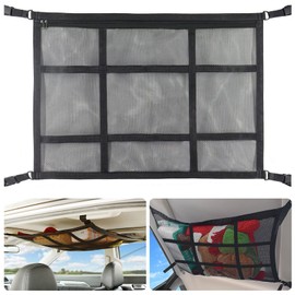 Qincos Upgraded Car Ceiling Cargo Net Pocket, 31.5"x21.6" Strengthen Load-Bearing Double-Layer Mesh Car Roof Storage Organizer, Adjustable Camping SUV Storage Bag for Tent Putting Quilt Toys Sundries