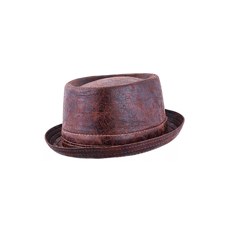 Maz Cracked Leather Distressed Vintage Pork Pie Hat - Brown