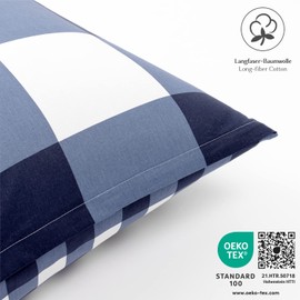 Alreya Renforcé Cushion Cover, 40 x 80 cm, 100% Cotton with YKK Zip, Super Soft Pillowcase, Pillow Slip, Blue Chequered, Cushion Cover Only