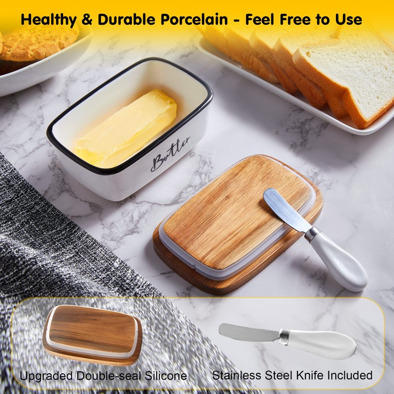 Ceramic Butter Dish with Lid and Knife for Countertop, Airtight