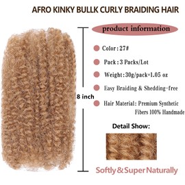 Xtrend 8 Inch 3 Bundles90g Afro Kinkys Bulk Hair Honey Blonde For Dreadlock Extensions Repair Locs Mini Braiding Twist Hair Afro Kinky Bulks Hair For Micro Spring Twist Braiding Kinky Hair(30g/pack)