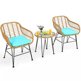 COSTWAY 3PCS Outdoor Conversation Patio Furniture Set Rattan w/Cushioned Chair & Table