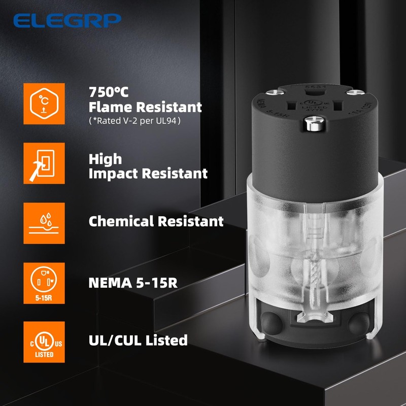 ELEGRP Lighted Straight Blade Connectors, 15 Amp 125 Volt NEMA