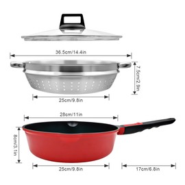 Bobikuke 11 Inch Nonstick Frying Pan Skillet with Steamer, 4.5 Qt Deep Sauté Pan with Lid, Toxin-Free Steamer Cookware, Detachable Handle, Compatible with All Stoves, Oven Safe, PFOA PFOS Free