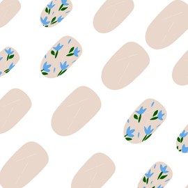 Oval Press on Nails Short Fake Nails with Blue Floral Designs Beige Nails Press ons Glossy Glue on Nails Spring Acrylic Nails Summer False Nails Artificial Stick on Nails for Women 24Pcs