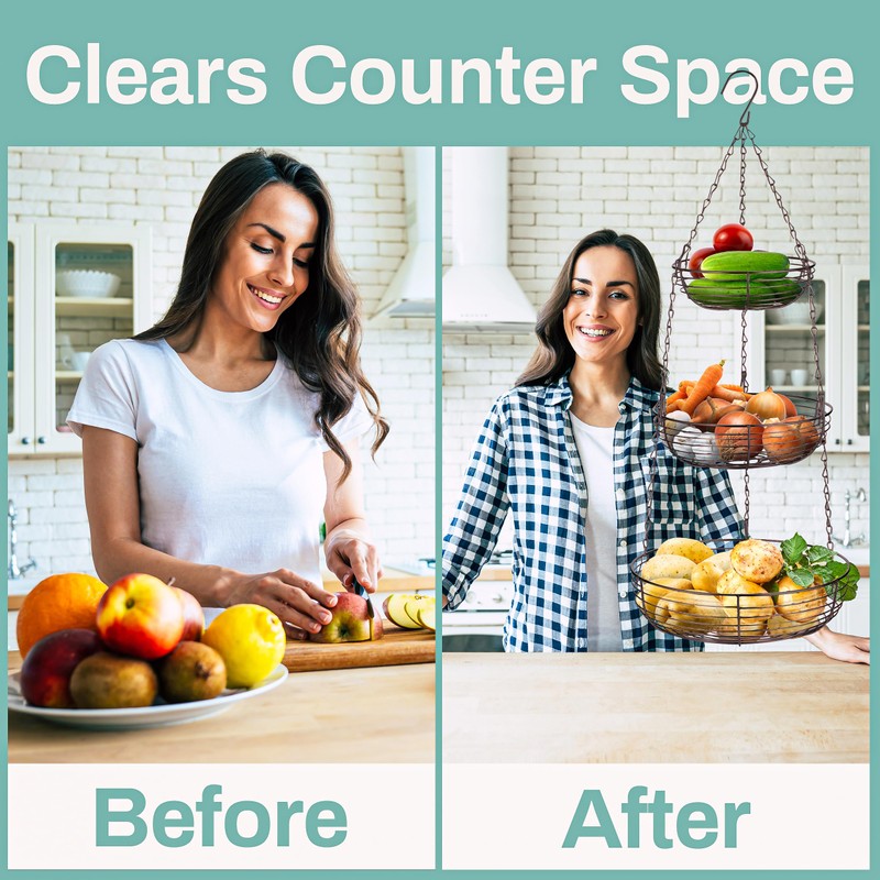 Home Intuition 3-Tier Hanging Fruit Produce Basket Heavy Duty Wire