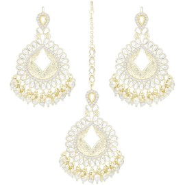 Aheli Traditional Fashion Gold Plated Kundan Pearl Studded Trendy Earrings and Maang Tikka Set Traditional Jewelry Gift for Women