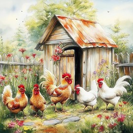 MEIYUDA Chicken Diamond Painting Kits for Adults, 5D Coop Diamond Art Kits for Beginners, DIY Gem Art Crystal Painting for Home Wall Decor and Present 12x12inch