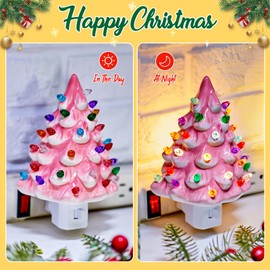 Brightown Ceramic Christmas Tree Night Light - 2 Pack Vintage Christmas Night Light with ON/Off Switch, 6" Decorative Ceramic Tree Light for Bedroom Xmas Holiday Decor, Pink and White