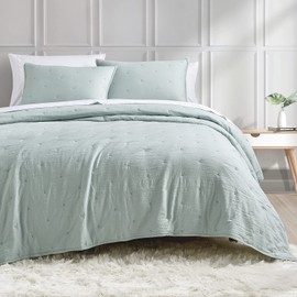 BOURINA Embroidery Quilt Set 3-Piece Oversized Queen Quilt Set Pre-Washed Microfiber Ultra Soft Lightweight Star Embroidery Bedspread Coverlet Set, Aqua