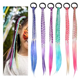simarro 6pcs Colored Braids Hair Extensions, Braided Ponytail Extension | Girls Rubber Bands Hair Extensions Crazy HairDay Accessories With Colorful Braids for Girls Cosplay Dress Up