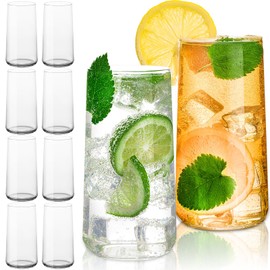 VasoArte 18 oz Drinking Glasses with Straws, Set of 8 Highball Glasses, Avant-garde Modern Minimalist Design Tall Water Glasses, Lightweight Crystal Glass cups, Cocktail Glass, Bar Glassware set