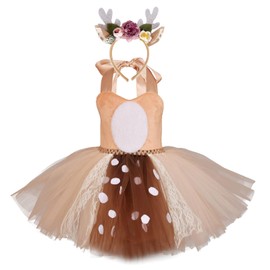 RWYBEYW Kids Toddler Baby Girl Deer Costume Christmas Outfit Elk Romper Bodysuit Xmas cosplay Tutu Dress with Antler Headband (A# Brown, 3-4 Years)