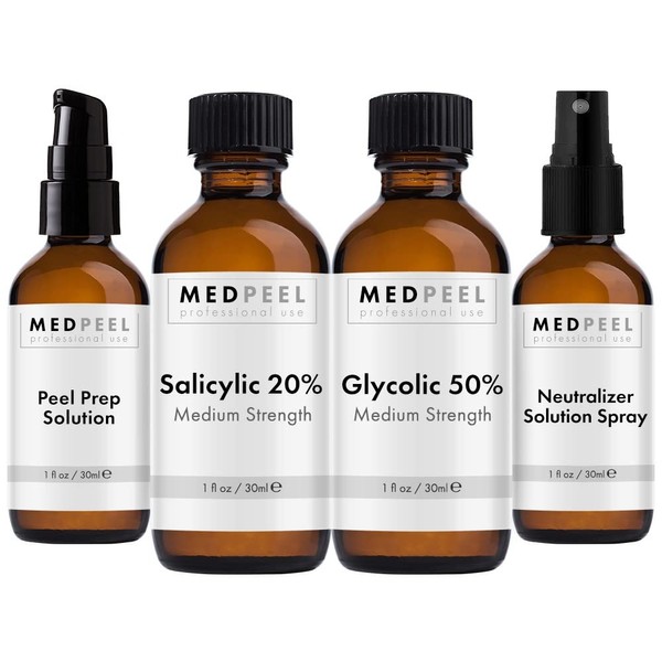 MedPeel Alpha & Beta Hydroxy Acid Essential Peel Kit, 20% Salicylic and 50% Glycolic, Includes 2 Peels, Prep and Neutralizer, Medium Strength Chemical Face Peels, 1oz/30ml (Kit of 4)