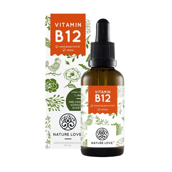 Nature Love® Vitamin B12 Drops Vegan in 50 ml (1700 Drops). Both active B12 shapes: Methyl & Adenosylcobalamine Vegan, highly bioavailable and made in Germany.